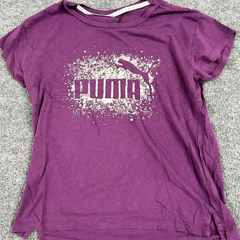 Puma T-Shirt Womens Size M Purple Graphic Splatter Logo Short Sleeve Casual Tee
